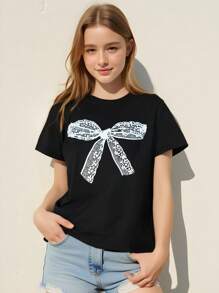 Girls' Casual Bow Print Short Sleeve Round Neck Top