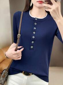 SHEIN LUNE Top de punto informal con decoración de botones lisos, estilo coreano - azul real - Ver 5