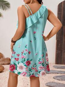 Breezaya Vestito corto da donna con linea A, con una spalla asimmetrica e fantasie floreali, orlo con volant, elegante e snellente, adatto per outfit estivi, San Patrizio, festival, vacanze di primavera, stile boho