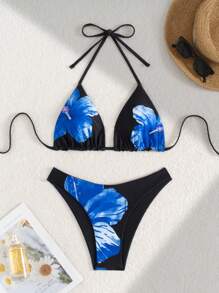 Swim Vcay Springbreak Women Fashion Vacation Multicolor Printed Halter Backless Top And Lovely Printed Bikini Bottom Set For Summer