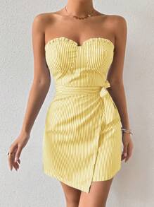 Chiquease 系带抹胸条纹蕾丝下摆迷你连衣裙 - 黃色 - 查看 3