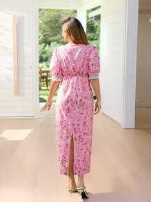 KURAYIA Plus Size Pink Ditsy Floral Lace Trim Casual Dress - Pink - View 2
