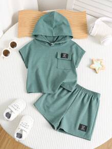 SHEIN 2 件装男婴夏季可爱休闲运动连帽衫上衣和短裤套装 - 彩色 - 查看 3