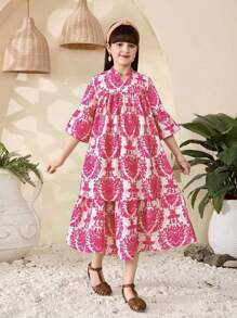 Tween Girls' Vacation Casual Allover Print Notched Neck Dress,Holiday,Summer, Travel - Hot Pink - View 1