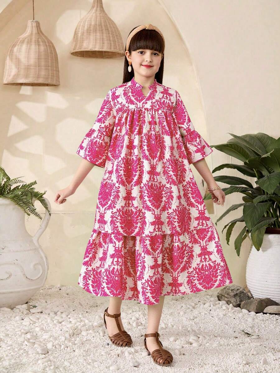 Tween Girls' Vacation Casual Allover Print Notched Neck Dress,Holiday,Summer, Travel - Hot Pink - View 1
