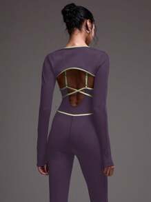 Musera Sport Contrast Seam Long Sleeve Bolero Sports Top, Padel, Tennis, Pickleball Gym Fitness - Purple - View 3