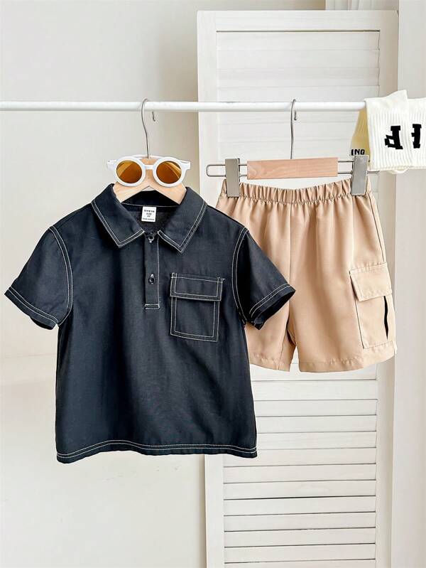 SHEIN Leap Crew 2 件装年轻男孩休闲运动度假装饰领短袖落肩黑色衬衫和松紧腰工装短裤套装，适合儿童服装，年轻男孩服装，返校，男孩套装适合生日派对、晚会、表演、婚礼、开幕、日常使用、学校、旅游、运动、春夏季节