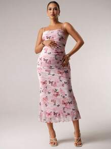 MaterniChic Pink Butterfly Print Romantic Cute Women's Sun Dress, Suitable For Brunch, Fall Wedding Guest, Homecoming, Date Night, Prom, Maternity