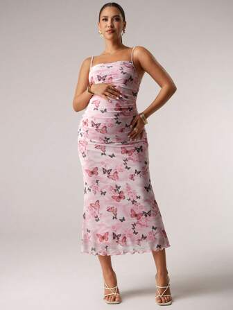 MaterniChic Vestido de verano romántico y lindo con estampado de mariposas rosas, apto para brunch, invitada a boda en otoño, homecoming, cita nocturna, baile de graduación, maternidad