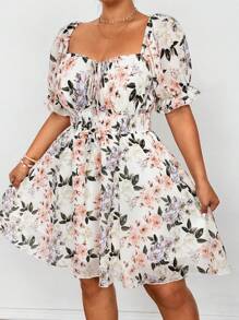 Flirla Spring Floral Print Chiffon Binding Bust Cinched Waist Flowy Puff Sleeve Dress For Women