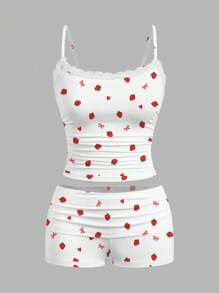 SHEIN Essnce Bộ 2 áo yếm ren nơ dâu tây và quần short xếp nếp, phù hợp cho phụ nữ mùa hè - trắng - Xem 4