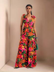 Zivah Mono sin mangas con estampado floral y detalle anudado en los hombros, estilo de vacaciones para mujer