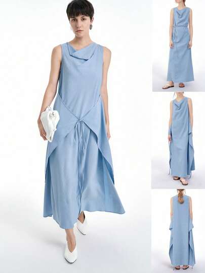 Aalyst 女士夏季休闲、海滩、节日、婚礼派对优雅连衣裙，复古亚麻垂领无袖裹身式可变式连衣裙