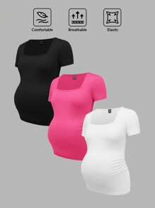 Modmama 3pcs/Set Maternity Casual Solid V-Neck Short Sleeve T-Shirts, Black/White/Gray, Fitted, Suitable For Summer - Hot Pink - View 17