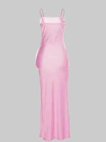SHEIN Essnce 女式时尚性感纯色高开叉细肩带连衣裙 - 粉色 - 查看 2