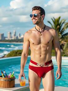 Manfinity Swimmode Men's Beach Vacation Metal Decoration Triangle Swimtrunks Briefs, Men's Bikini Swimsuit, Red Swim Trunks For Men, Men Sexy Swimwear, Men's Swimwear - Red - View 3