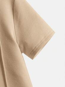 SHEIN Tween Boy 1/4 拉链 Polo 衫，纯色罗纹修身休闲轻便，适合日常穿着，夏季 - 卡其色 - 查看 3