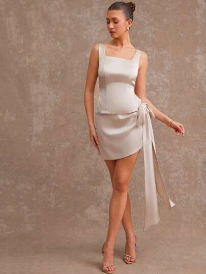 L'Amorae Spring/Summer Elegant Women's Satin Bow Decor Mini Skirt, For Vacation, Wedding Bridesmaid, Easter Skirt, Date Night Outfits, Wedding Guest Skirt