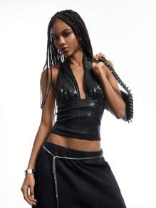LYSMO Women's Solid Color Sequin Deep V Neck Sexy Glamorous Tank Top - Black - View 6