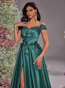 Glamrae Elegant&Luxurious Off Shoulder Satin Gown,3D Floral Design,High Slit,Ruched Flared Maxi Train Dress For Weddings,Galas,Formal Evening Party Guest - Olive Green - View 5
