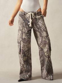 Bohemela Boho Women's Low-Waisted Relaxed Fit Washed Tree Branch Printed Cargo Pants - Grey - View 3