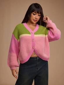 Forever 21 大码女式冬季条纹短款长袖休闲针织开衫，长袖上衣新年女式短款上衣，Y2k 服装新款彩色拼布休闲宽松针织开衫 - 彩色 - 查看 5