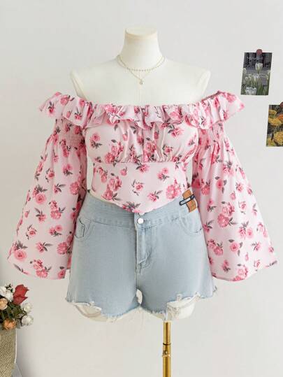 Soleia 大码女式节日单肩荷叶边领花卉印花喇叭长袖衬衫