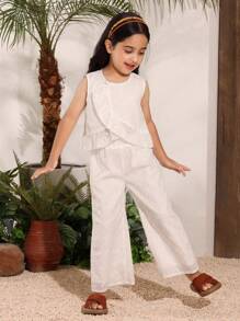 SHEIN 2pcs Set: Young Girl Embroidered Ruffle Hem Sleeveless Top And Pants - White - View 5