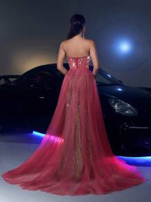 Váy đuôi cá vải sequin ngọc trai sang trọng thanh lịch, lưới bồng bềnh rộng rãi thích hợp cho đám cưới, tiệc tùng, vũ hội, váy dạ hội (trang trí đậm), trang trọng, váy dài, cho khách dự tiệc cưới - Đỏ - Xem 2