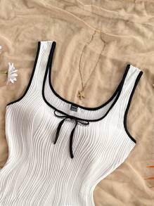 Soleia 新款系带蝴蝶结针织紧身衣，优雅双色度假和休闲修身紧身衣，春假、圣帕特里克节、复活节女士礼服、音乐会女士服装、优雅、度假、商务休闲女士、西方、可爱、波西米亚风、乡村、端庄、街头服饰、热带、辣妹、花卉、露背、收腹泳衣 - 白色 - 查看 3