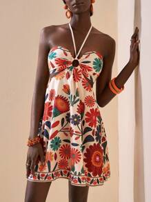 Slaydiva New Spring And Summer Casual Vacation Halterneck Straps, Front Center Ring, Hollow Backless A-Swing Umbrella Skirt, Apricot Bottom, Orange Flower All-Over Print Women's Mini Dress - Multicolor - View 3