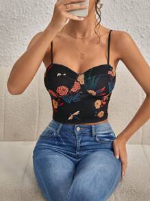 SHEIN Privé Elegant Arbeitskleidung in Große Größen für Damen, anspruchsvolle Büroarbeit, Nachmittagstee, romantische Dates, Konzerte, Partys, INS Vintage Stil, lässiges Urlaubsoutfit mit Spaghetti-Trägertop, tropisches Pflanzenmuster