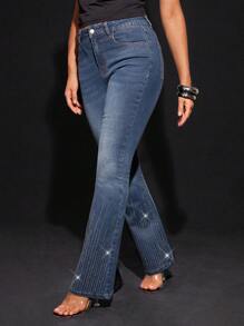 Denimoi 女式口袋水钻装饰喇叭腿休闲百搭牛仔裤 - 藍色 - 查看 1