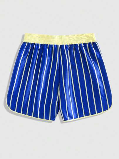 Anime Men's Satin Striped Letter Print Elastic Waist Shorts