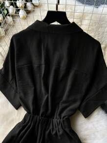 时尚高腰休闲西装领连体裤 - 黑色 - 查看 3