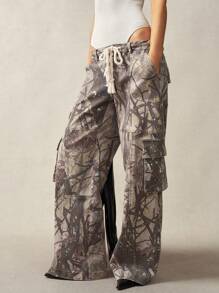 Bohemela Boho Women's Low-Waisted Relaxed Fit Washed Tree Branch Printed Cargo Pants - Grey - View 5
