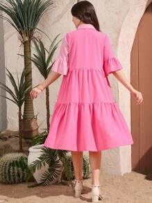 Teen Girl Casual Color Blocking Button Front Vacation Dress,Holiday,Summer, Travel - Hot Pink - View 2