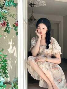 Đầm ngắn họa tiết hoa nhỏ nhắn cho nữ, eo thắt nơ, màu tương phản, xếp nếp - Nhiều màu - Xem 3