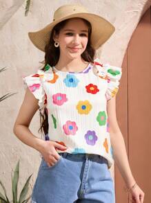 少女花卉印花圆领盖袖衬衫 - 彩色 - 查看 3
