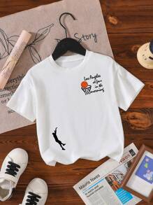 年轻男孩篮球口号印花短袖 T 恤，休闲夏季 - 白色 - 查看 1