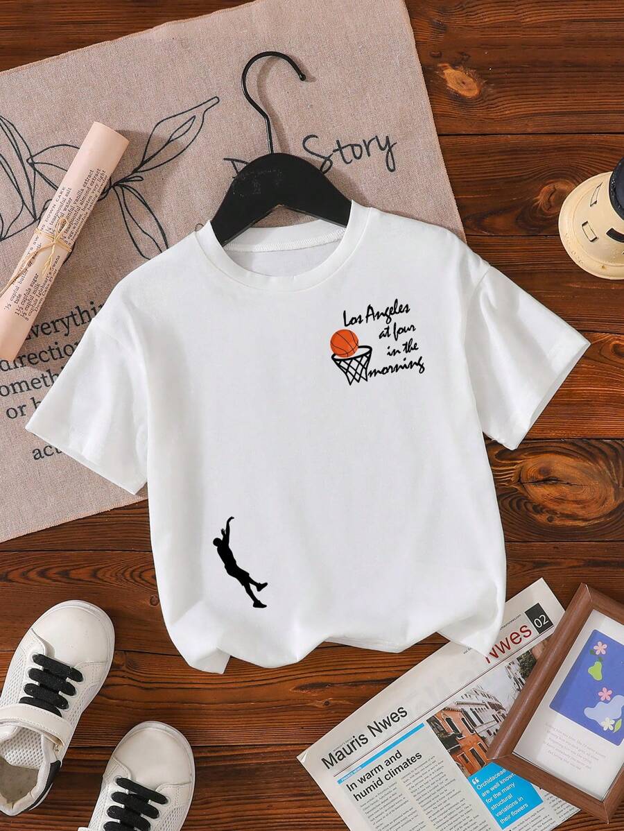 年轻男孩篮球口号印花短袖 T 恤，休闲夏季 - 白色 - 查看 1