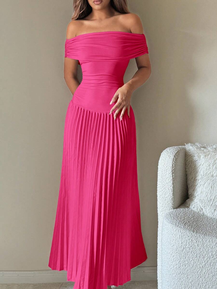 SHEIN ICON Homecoming Dress 1pc Off-Shoulder Solid Color Pleated Elegant Dress - Hot Pink - View 1