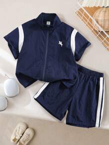 SHEIN X JIMENA & MATEO 2pcs Young Boy Casual Daily Versatile Loose Comfortable Contrast Color Short Sleeve Jacket & Shorts Set, Sports Suit