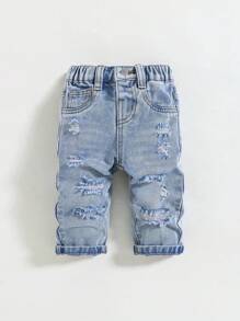 SHEIN Baby Boy Spring Summer Casual Distressed Ripped Frayed Loose Fit Blue Jeans, Without Shirt , Baby Spring Summer Clothes Daily Wear Spring Break - Light Wash - View 7