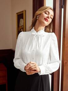 Vintamour 复古优雅女式玫瑰提花荷叶边系带长袖衬衫办公室服装情人节长袖上衣女士情人节衣服情人节 - 白色 - 查看 2