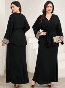 Mulvari Women Plus Size Elegant 2 Pieces Set: Long Sleeve Top With Patchwork Ribbon And Fish-Tail Hem Skirt - Black - View 1