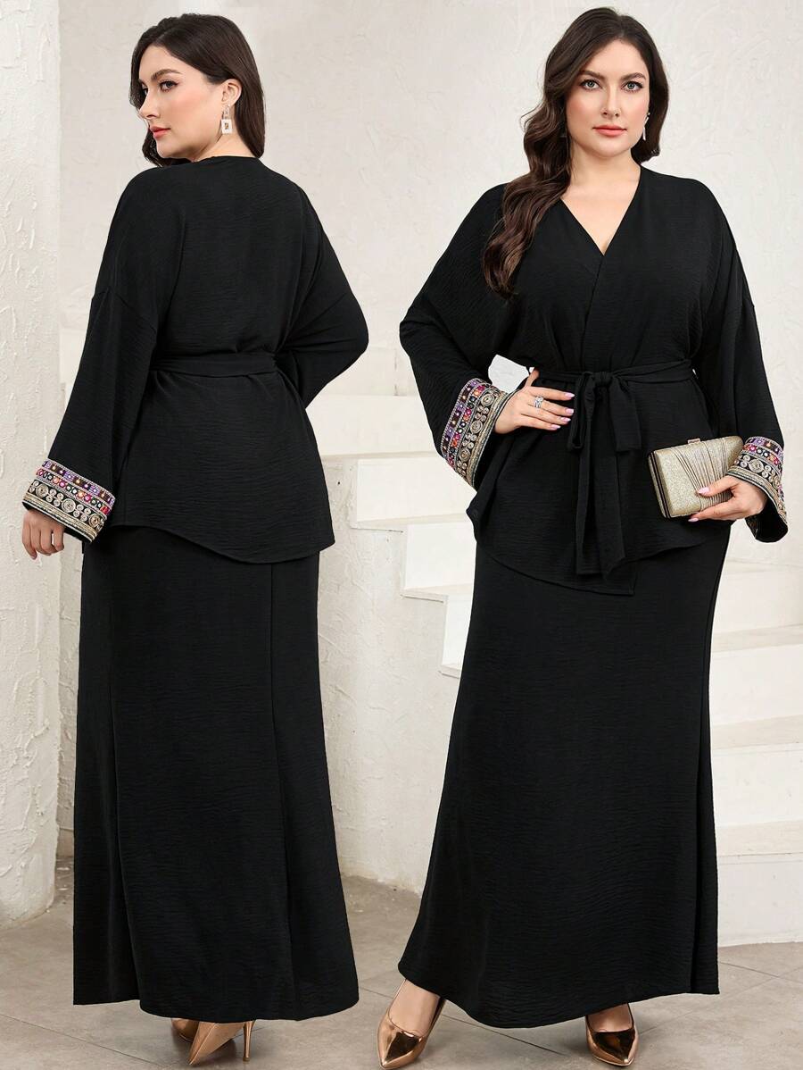 Mulvari Women Plus Size Elegant 2 Pieces Set: Long Sleeve Top With Patchwork Ribbon And Fish-Tail Hem Skirt - Black - View 1
