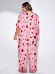 SHEIN CURVE+ 2pcs Plus Size Women Strawberry & Heart Print Round Neck T-Shirt And Pants Pajama Set, Casual Outfit For Valentine's Day - Pink - View 2