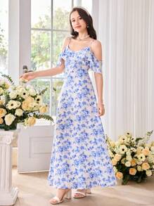 SHEIN Girlism Vestido sin mangas con estampado floral azul y blanco y volantes en el bajo, adecuado para festivales, fiestas, temporada de regreso a clases, ceremonias de graduación, damas de honor, bodas, invitados de boda, elegante