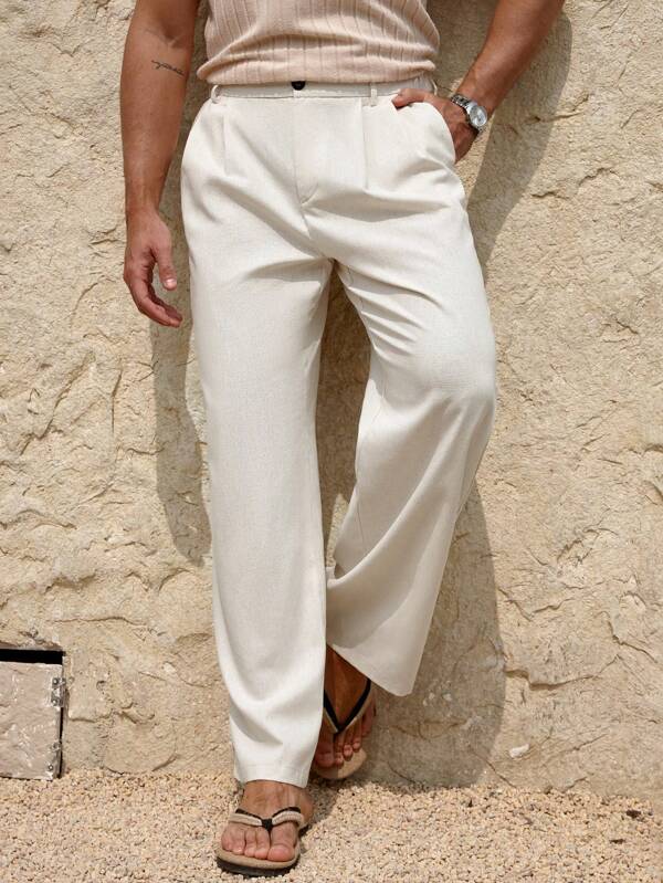 Manfinity RSRT Men's Loose Fit Simple Vintage High-End Straight Leg Casual Pants, Korean Style Wide Leg White Linen Pants Men Linen Pants For Men, Fall